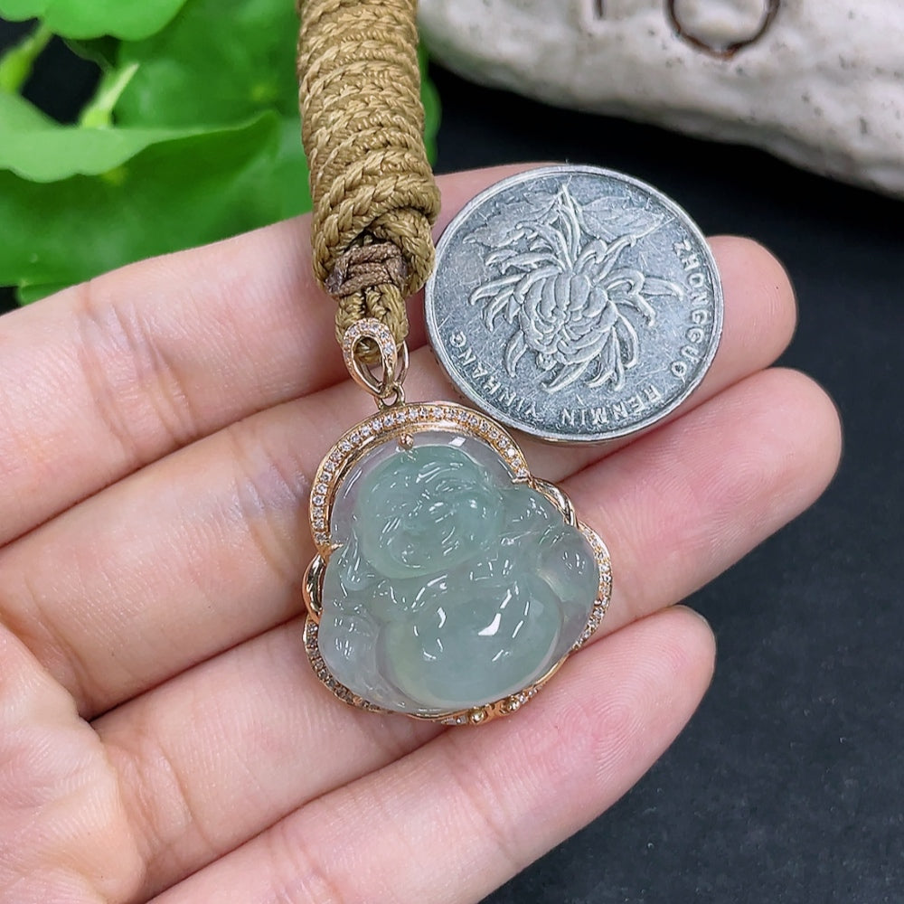 Jadeite Pendant Buddha with 18K Gold and Diamond Accents, Including Rope