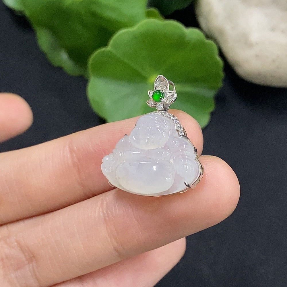 Jadeite Buddha Pendant Set in 18K Gold with Diamond Accents, Total Weight Approximately 3.08g
