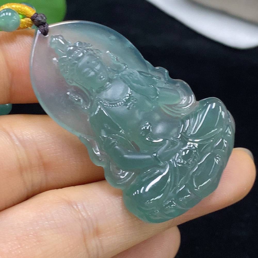 Jadeite Guanyin pendant with intricate carving, weighing approximately 38.18g including chain, by HUILIU HQ.