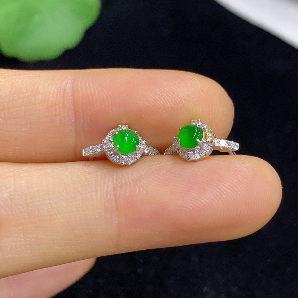Jadeite Cabochon Stud Ear Clips 18k with Diamond Accents Total Weight Approx. 2.54g