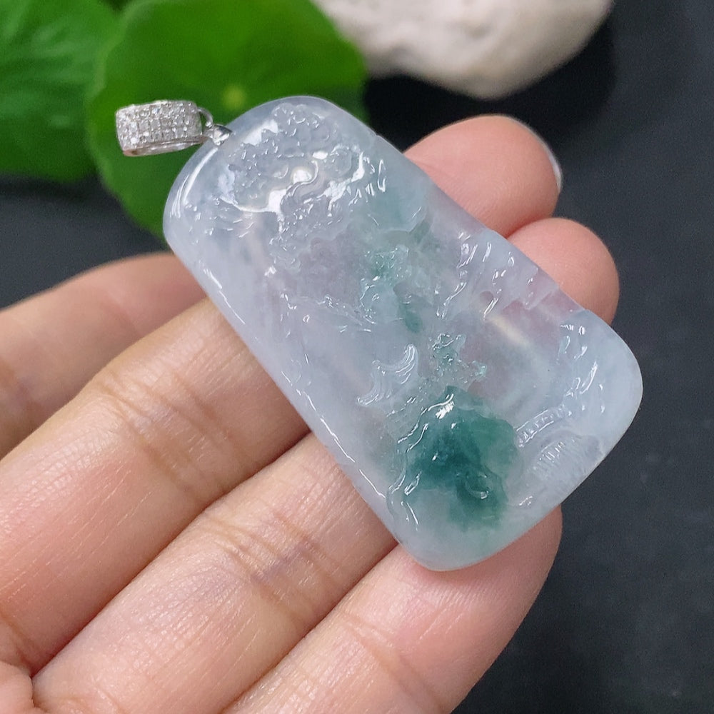 Jadeite Pendant Landscape Plaque with 18K Gold and Diamond Accents, Total Weight Approximately 12.97g