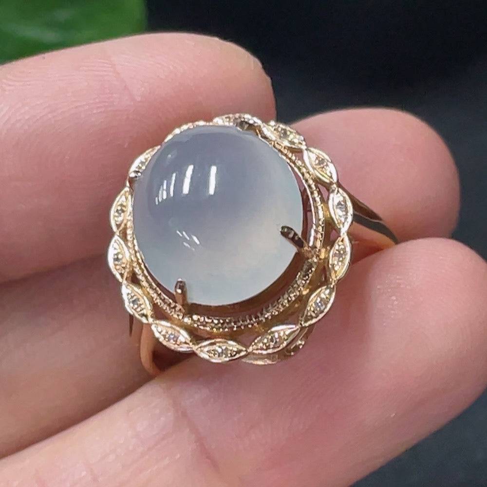 HUILIU HQ jadeite inlaid ring with 18k gold and diamond accents, size 13, weighing approximately 3.4g