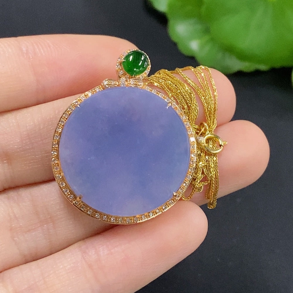 Jadeite plain pendant with 18K gold accents and diamond details, displayed on a chain, showcasing elegant jewelry craftsmanship.