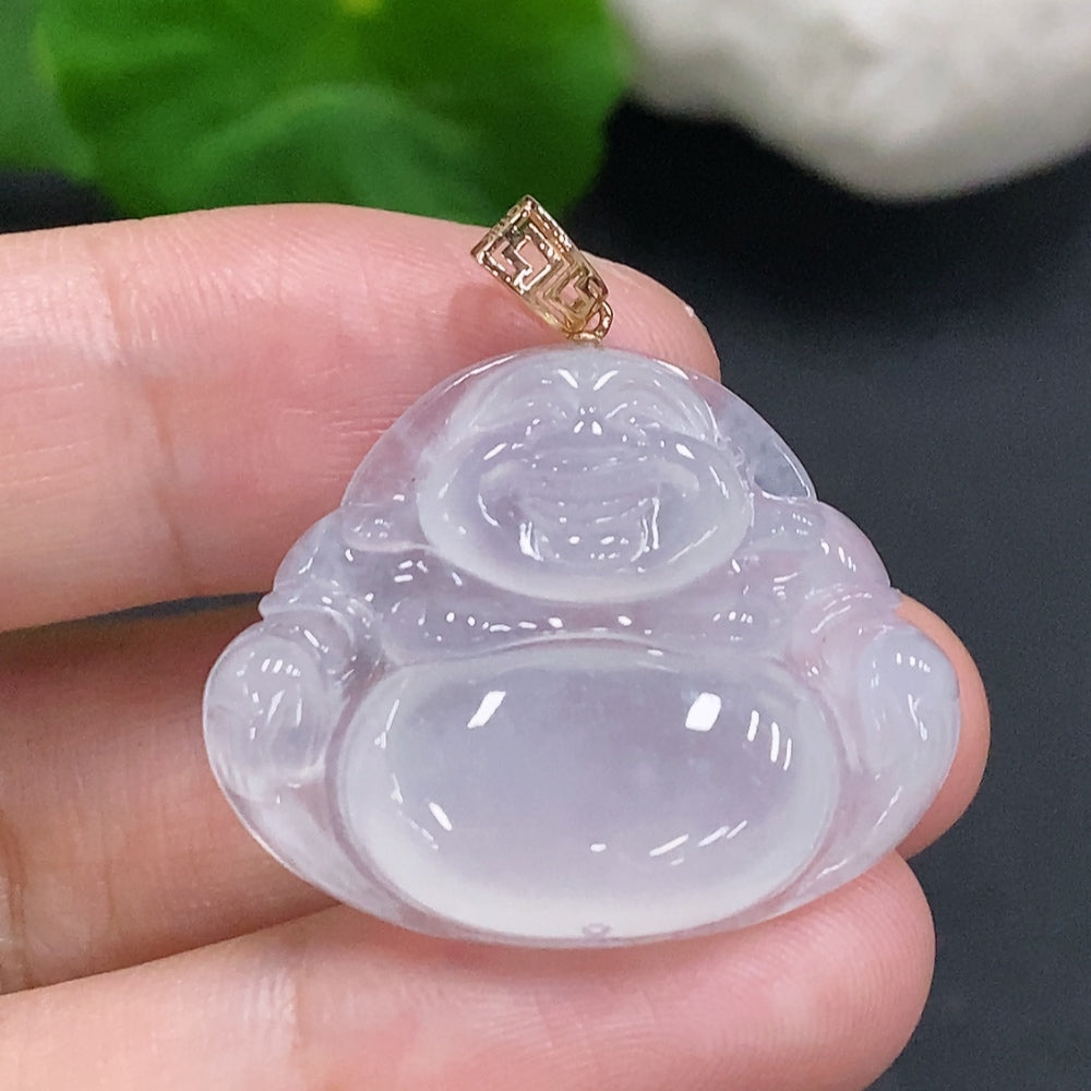 Jadeite Buddha Pendant with 18K Gold Clasp, Total Weight Approximately 6.1g