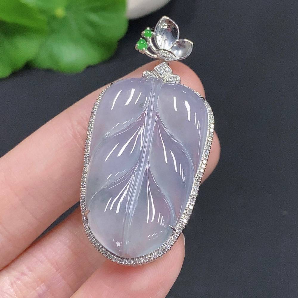 HUILIU HQ jadeite leaf inlay pendant with diamond accents, crafted from high-quality jade and featuring intricate gemstone detailing.