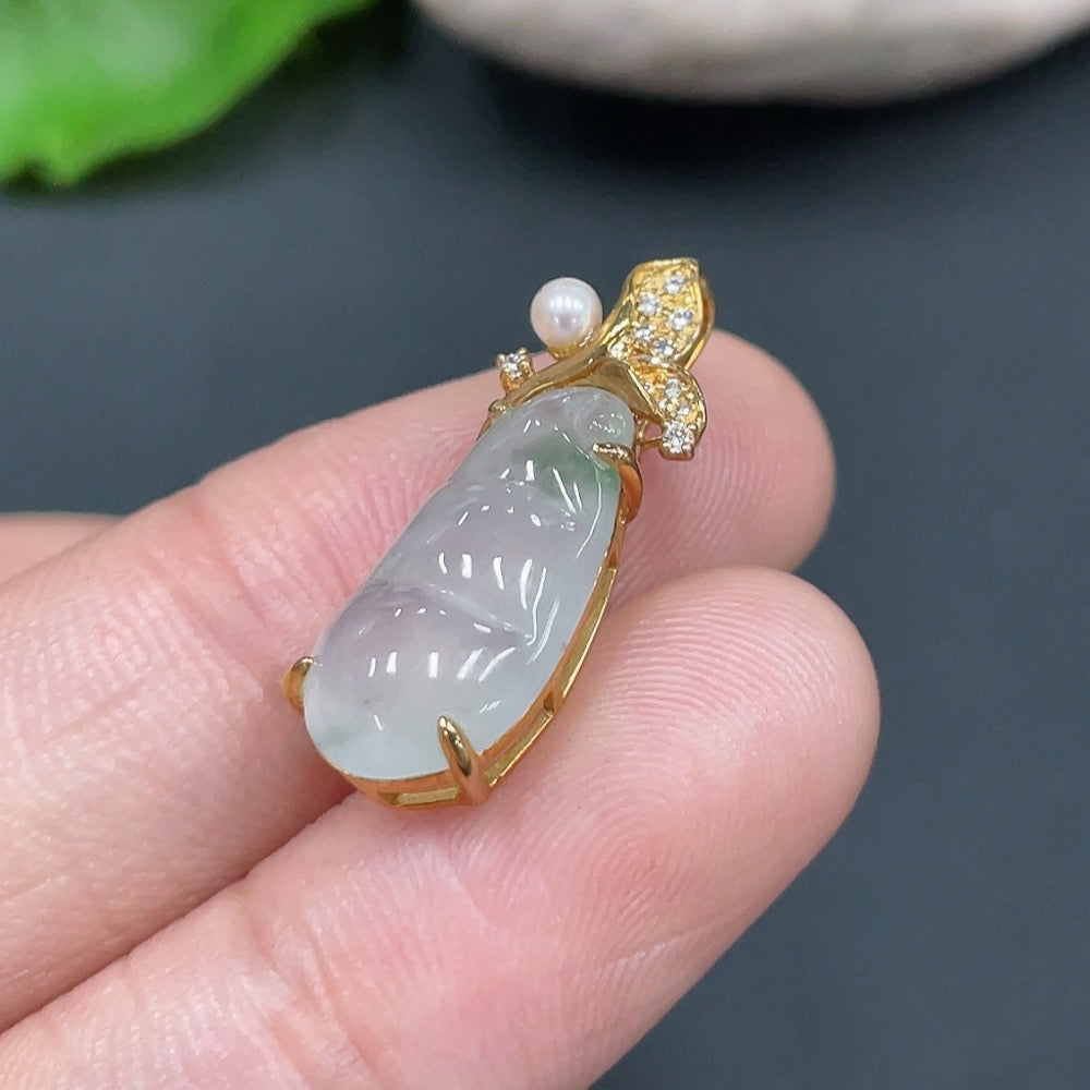 Jadeite Lucky Bean Pendant with Setting, ., Non-Grade A Accompanying Beads | Huiliu Certified