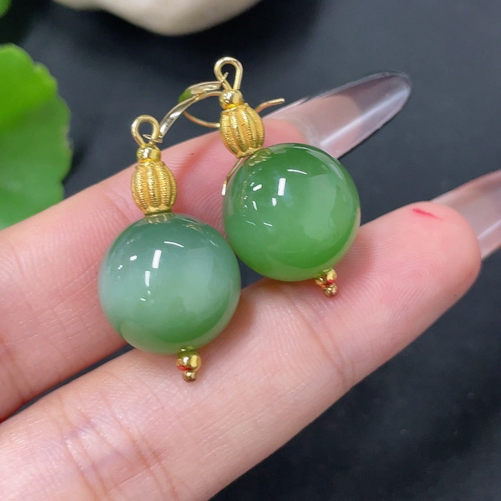 Hetian Jade Inlaid Earrings (Marked in Red + String Non-Gold, Rest 18k Gold, Card 14mm Approx., Total Weight Approx. 9.6g)