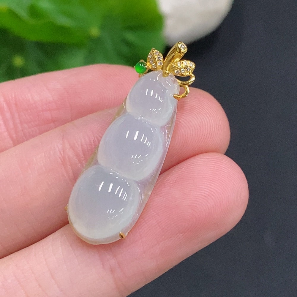 Huiliu Jadeite Lucky Bean Pendant with diamond accents, certified jade jewelry featuring a smooth green Jadeite gemstone.