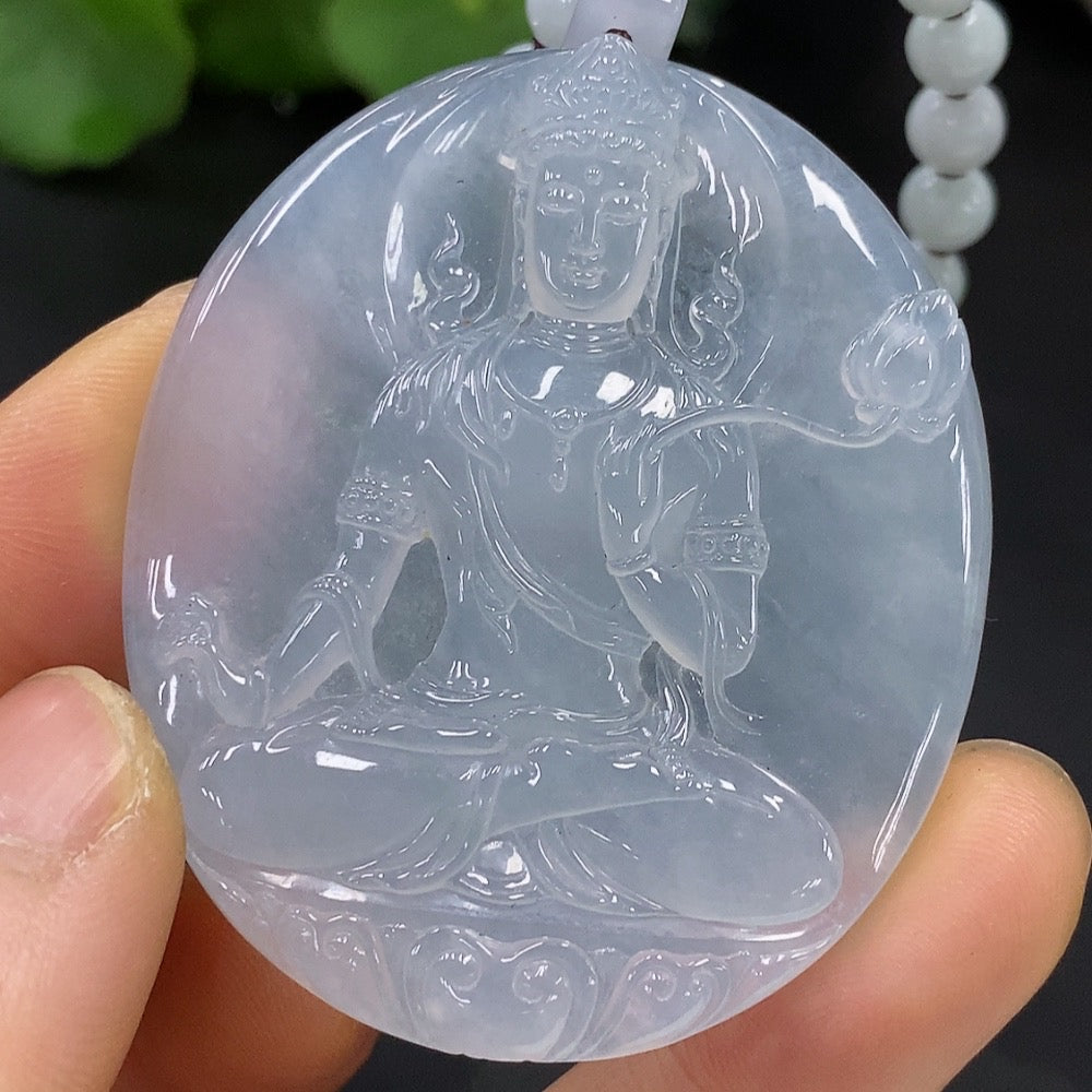 Jadeite Guanyin Pendant with a Total Weight of Approximately 61.89g (Including Chain) and Yellow Beads of Undetermined Color Origin