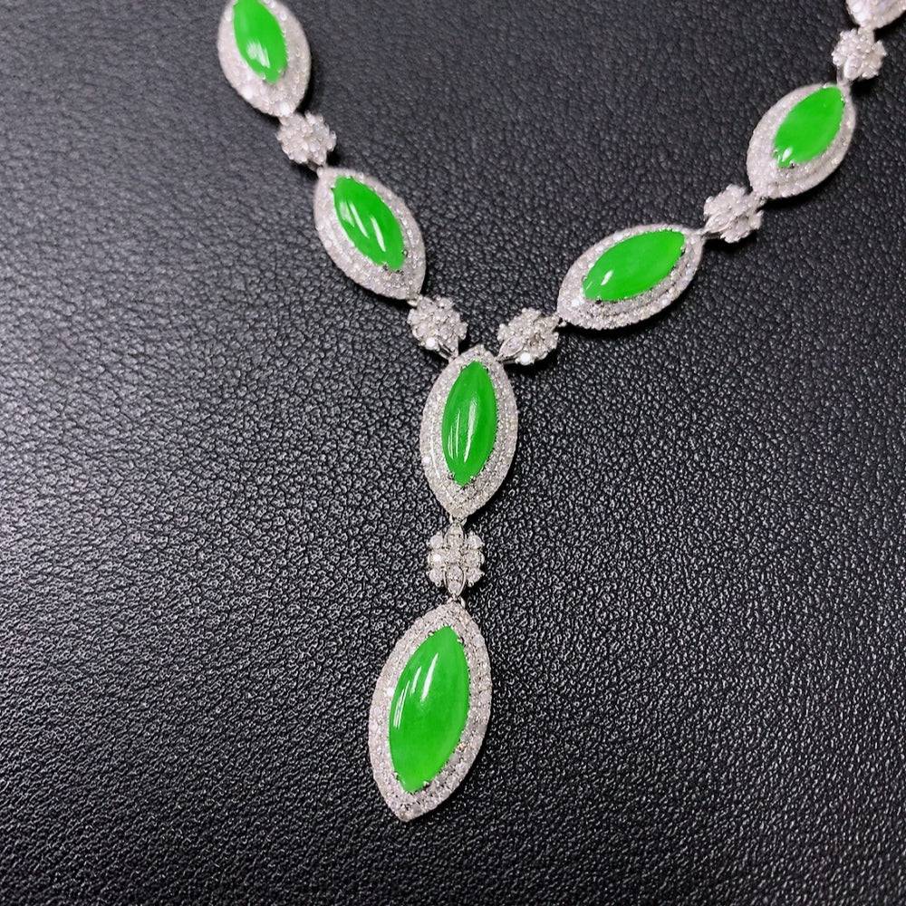 HUILIU HQ jadeite jewelry set with necklace, bracelet, earrings, and ring, 18k gold with diamond accents, total weight 23.5g