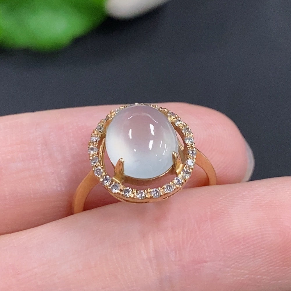 Jadeite Cabochon Ring . with Diamond Accents | Huiliu Certified