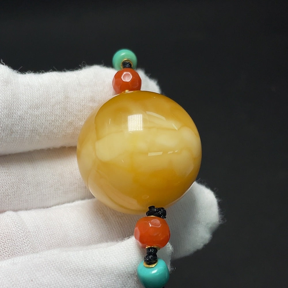 Amber Beeswax Pendant, 18K Gold, Approx. 28.5mm, with Southern Red Agate, Non-Natural Stones Considered for Accents