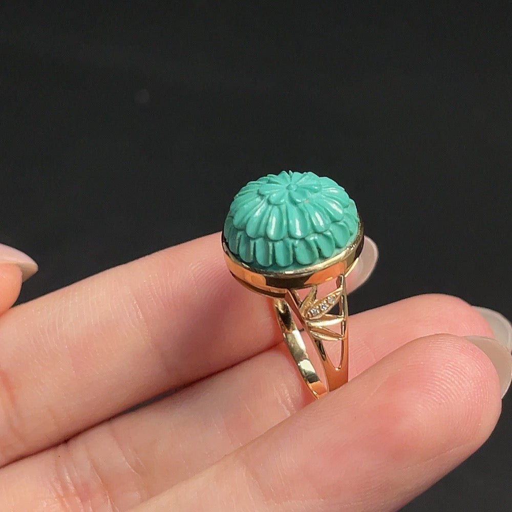 Turquoise inlaid gemstone ring with 18k gold setting, size 15, non-diamond, from HKHQ, showing detailed gemstone and gold design.