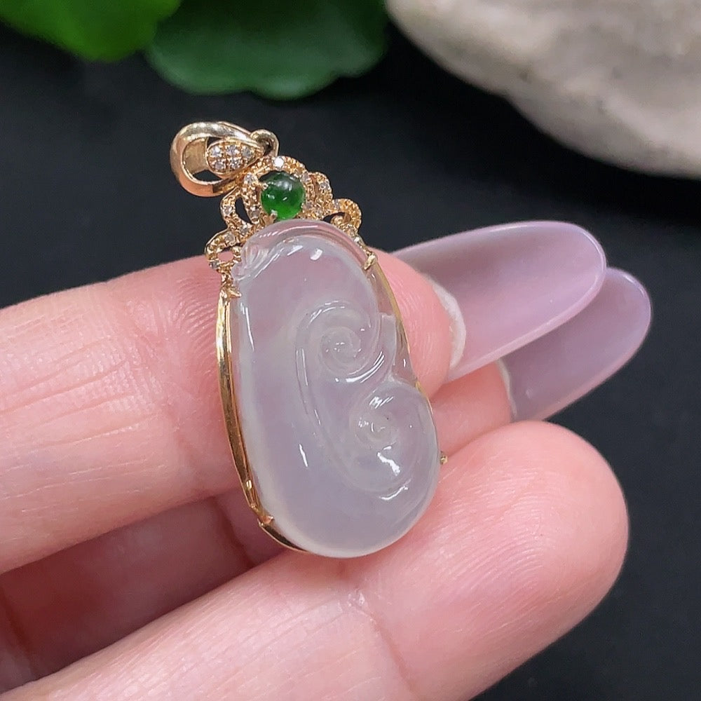 Jadeite Ruyi Inlaid Pendant 18K Gold with Diamond Accents Total Weight Approx. 2.45g