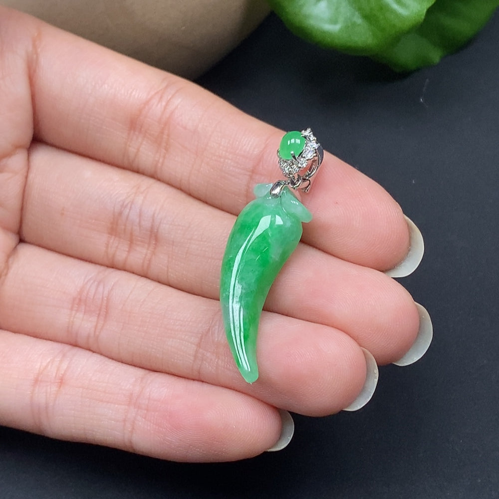 Jadeite pendant with chili shape, diamond accents, set in 18K gold, jewelry necklace by HKHQ.