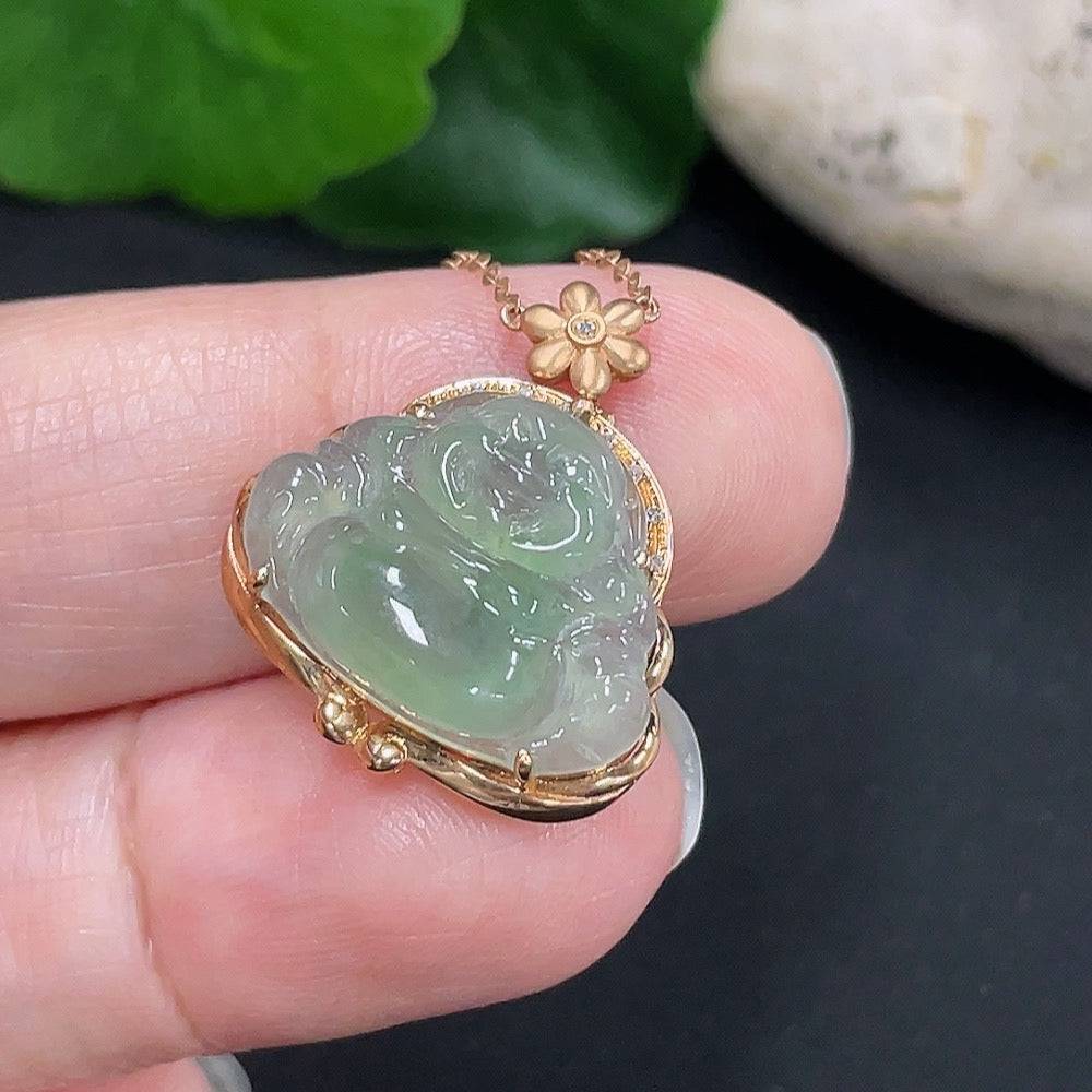 Jadeite Buddha pendant with 18K gold chain, accented with a small diamond, weighing approximately 3g, from HUILIU HQ.