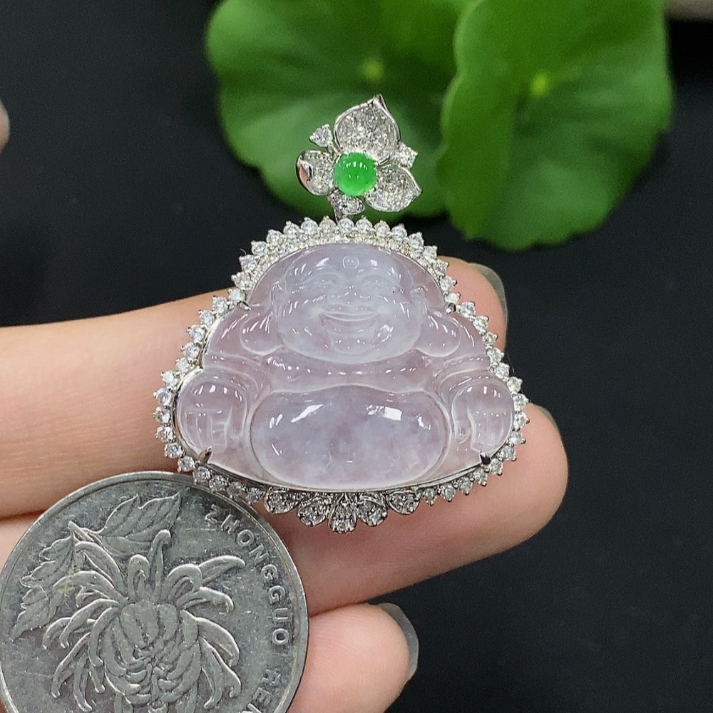 Jadeite Buddha Pendant Set in 18K Gold with Diamond Accents, Total Weight Approx. 5.99g