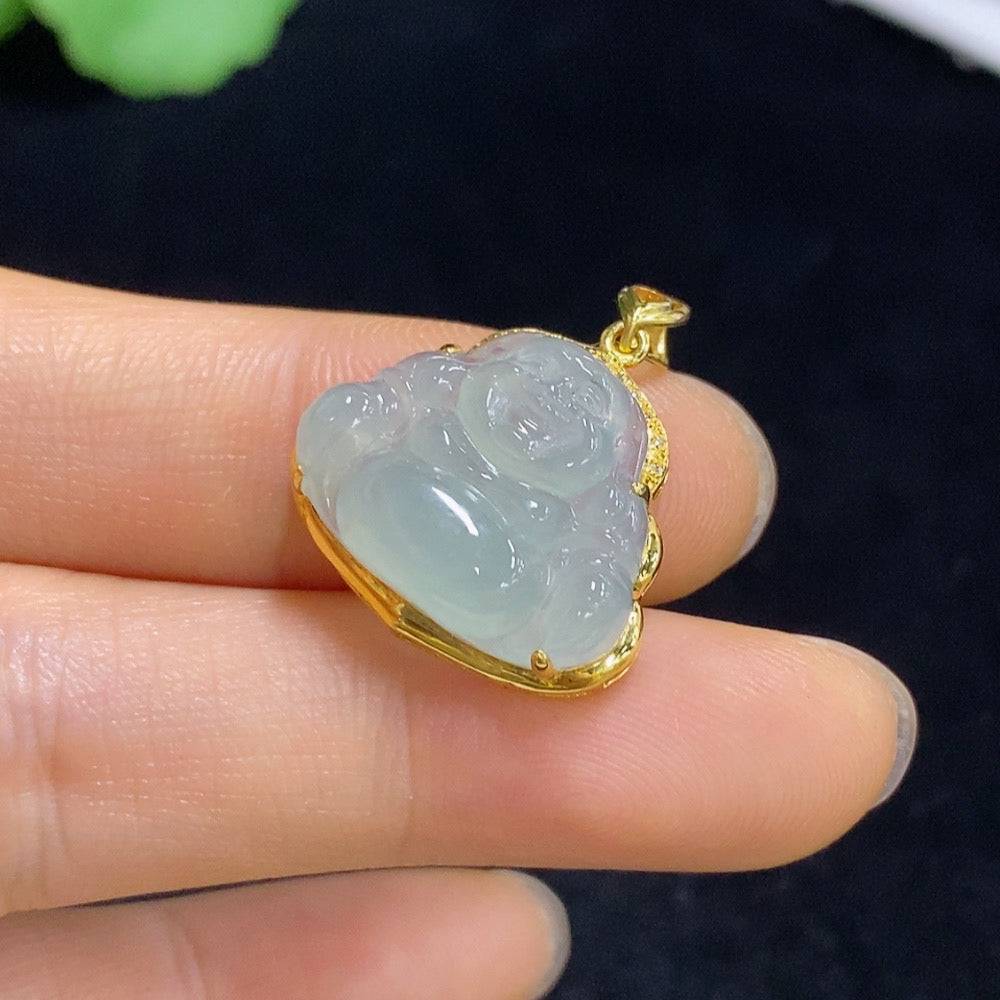 Huiliu Jadeite Buddha pendant with intricate inlay, showcasing detailed craftsmanship and smooth jade surface.