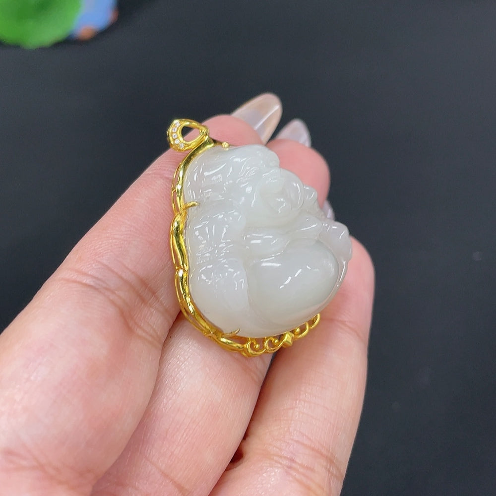 Hetian Jade Inlaid Pendant Buddha Total Weight Approx. 15.3g 18k Non-Diamond