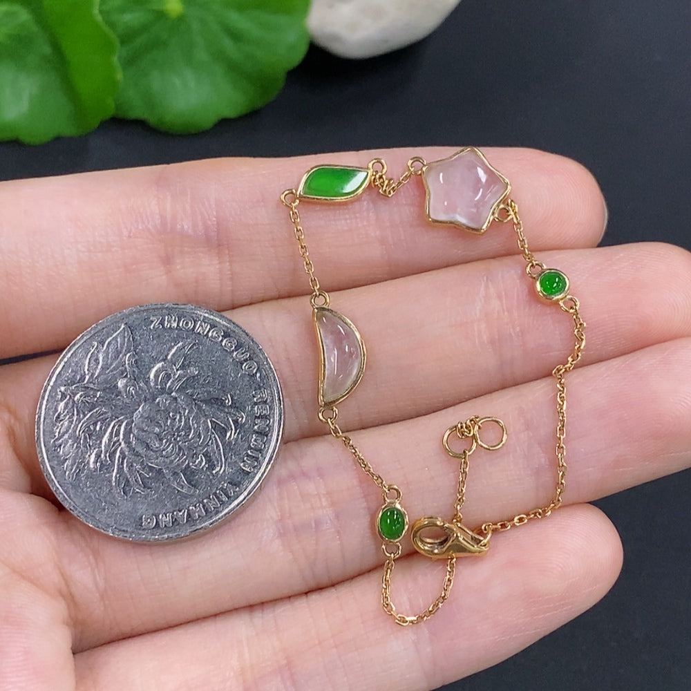 Jadeite bracelet with 18k gold inlay and green jade stones, HKHQ brand, delicate jewelry with intricate design.