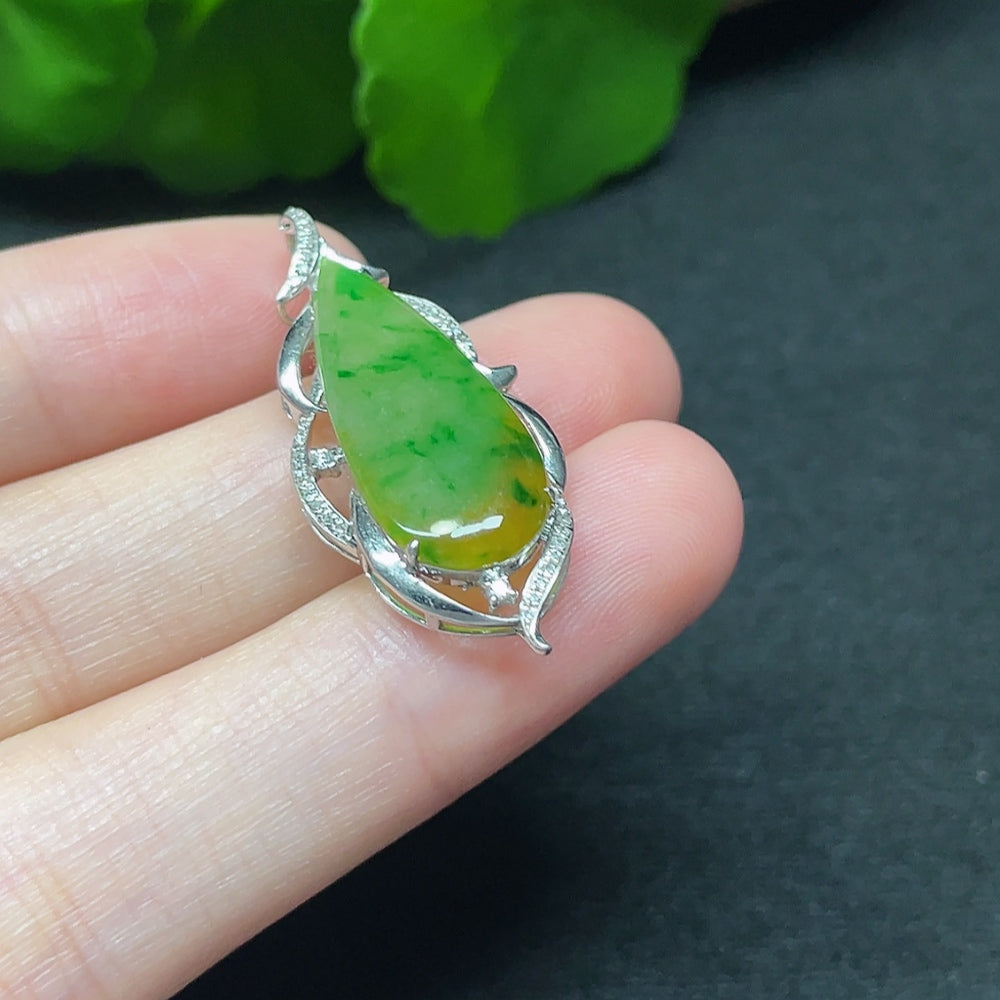 Jadeite teardrop pendant necklace with 18K gold and diamond accents, elegant jewelry piece from HKHQ
