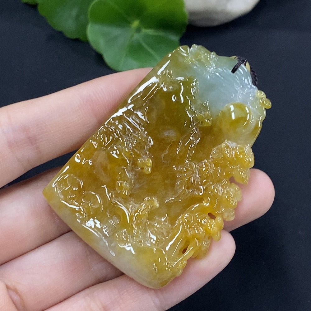 Jadeite landscape pendant from HUILIU HQ featuring intricate carved design, weighs approximately 43.4g, showcasing lush green jade.