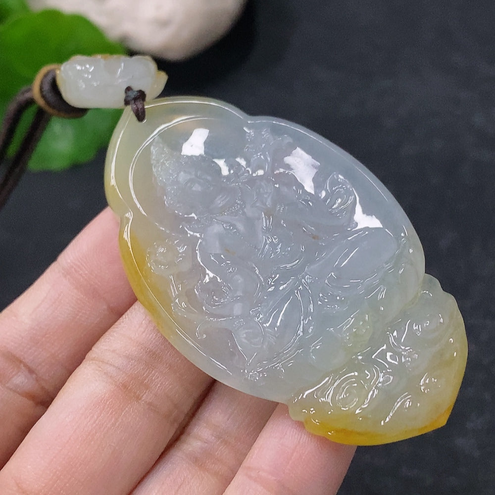 Jadeite Pendant - Universal Salvation, Approx. 32.46g Including Rope, With Collection Certificate, Yellow Part Color Origin Undetermined