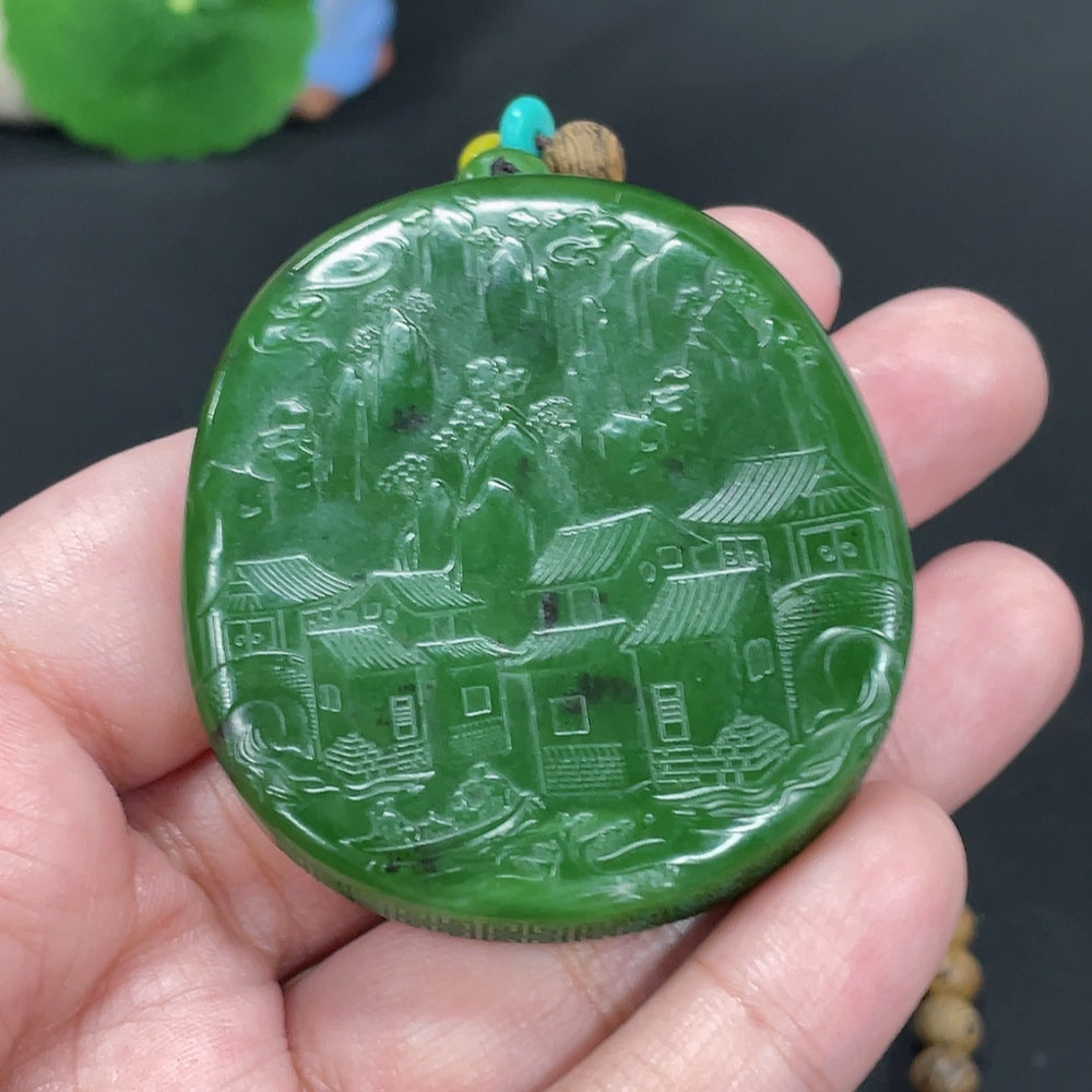 Hetian jade jasper pendant featuring Mahasthamaprapta Bodhisattva, crafted by HKHQ, showcasing intricate jade carving and detailed design.