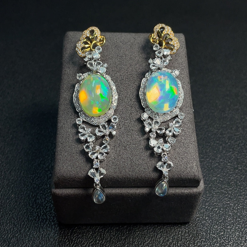 18K Opal Earrings, Color Origin Undetermined, Accent Stones Possibly Non-Natural, Diamond Accents Only Minimal Side Stones, Total Weight Approx. 27.88g