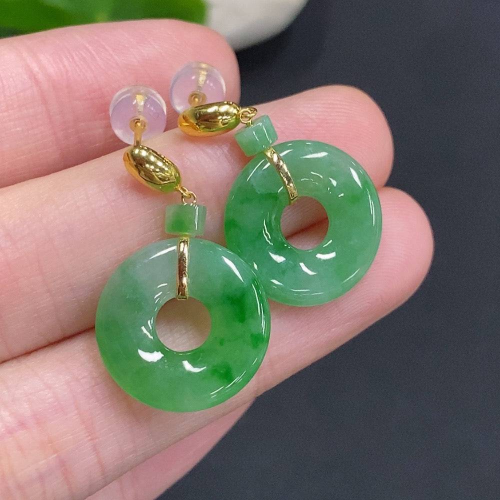 HUILIU HQ jadeite donut inlaid earrings with 18k gold, featuring smooth jade gemstones and elegant gold accents.