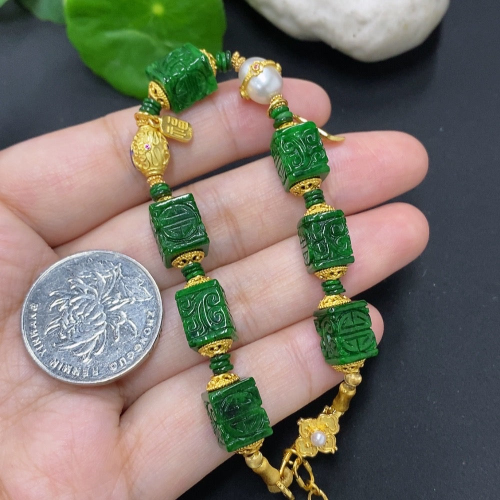 HKHQ jadeite bracelet with mixed minerals, non-gold, approximately 20g, showcasing smooth jade stones and colorful mineral inclusions.