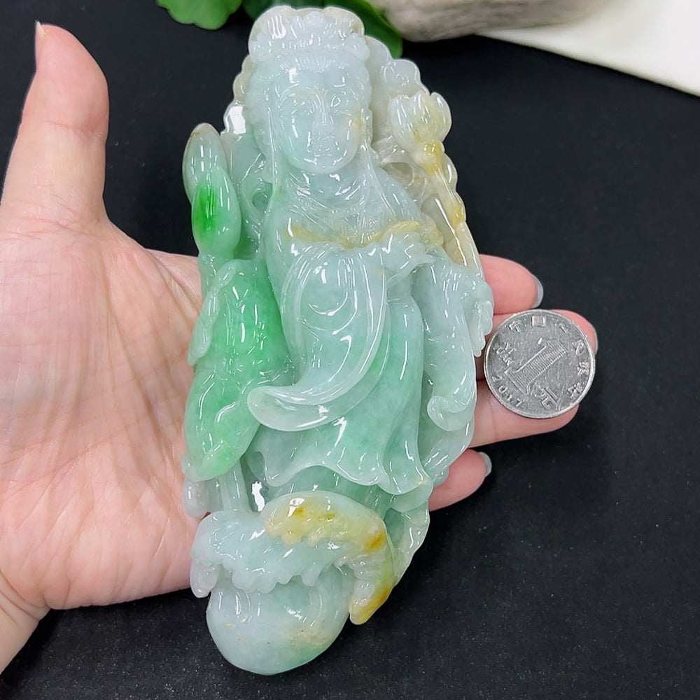 Jadeite He He Xiangu jewelry ornament featuring detailed craftsmanship, showcasing a traditional Chinese figure in vibrant jadeite.