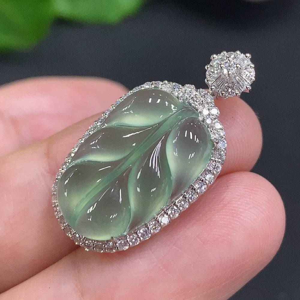 Huiliu Jadeite leaf inlaid pendant with diamond accents, featuring intricate leaf design and vibrant green jade surface.