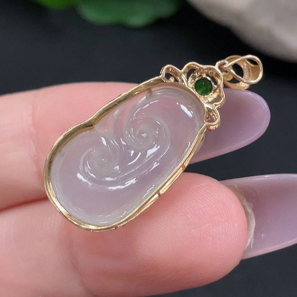 Jadeite Ruyi pendant in 18K gold with diamond accents, featuring intricate inlaid jade design, from HUILIU HQ