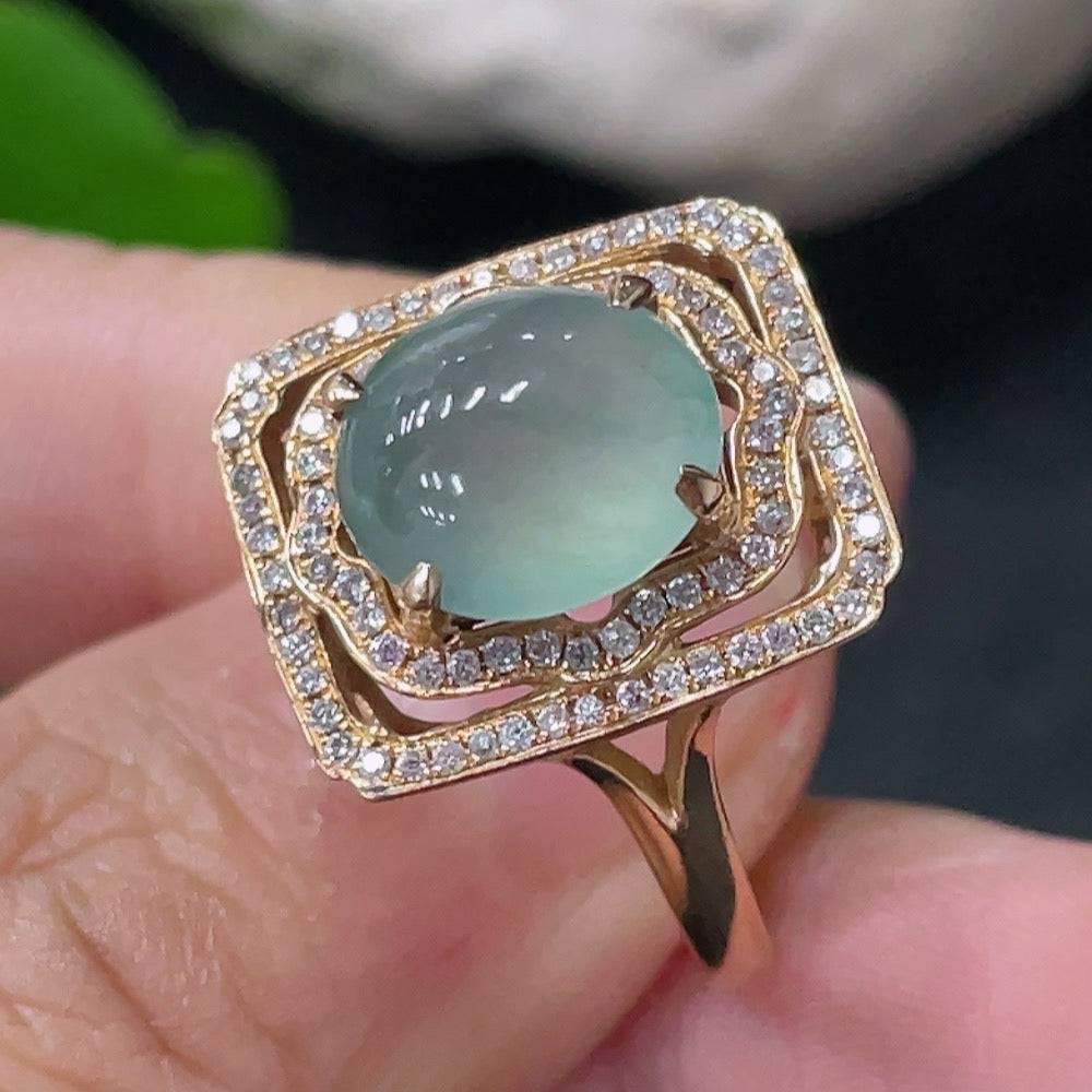 HUILIU HQ jadeite ring with intricate inlay and diamond accent, showcasing elegant craftsmanship and vibrant green jade gemstone.