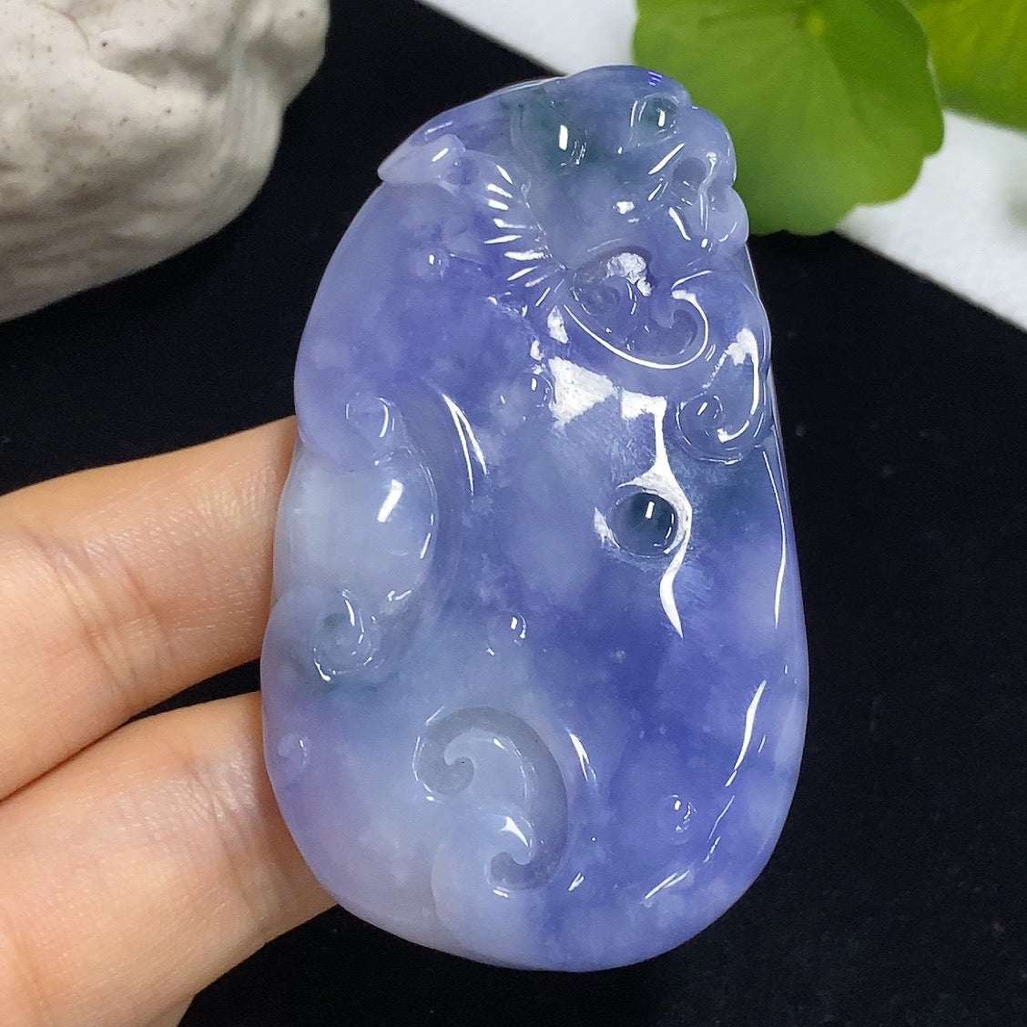 Jadeite Ruyi pendant from HKHQ, intricately carved jade jewelry weighing approximately 60.49g, showcasing detailed craftsmanship.