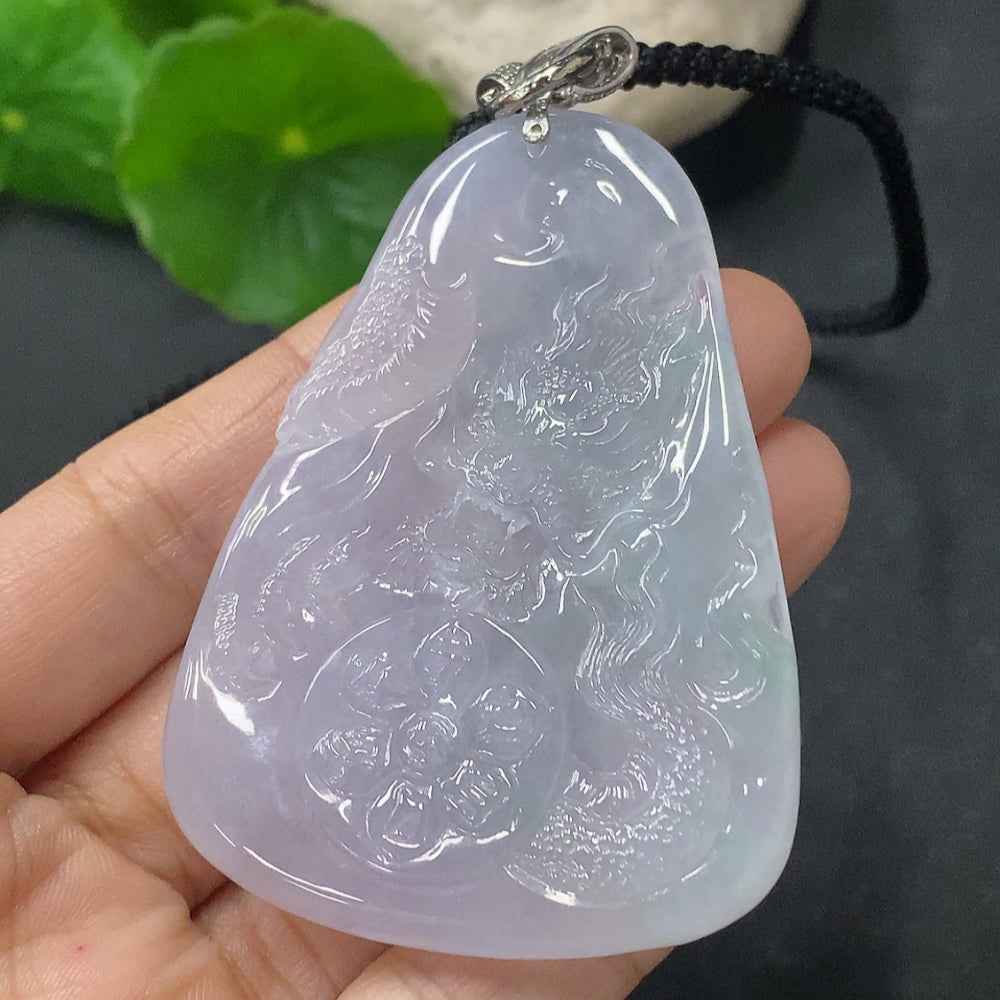 Jadeite Guanyin pendant with non-gold clasp and cord, approximately 46g, crafted by HUILIU HQ, showcasing detailed carved design.