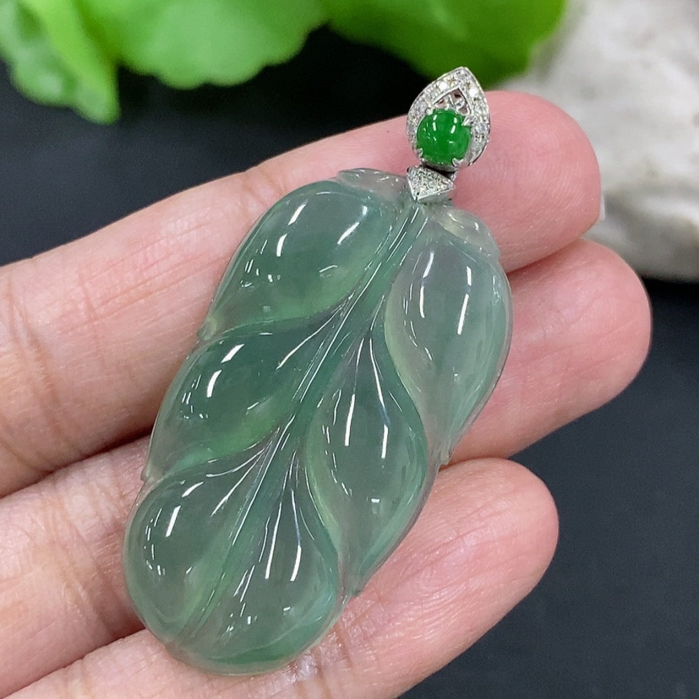 Jadeite Pendant Leaf with 18K Gold and Diamond Accents, Total Weight Approx. 8.2g