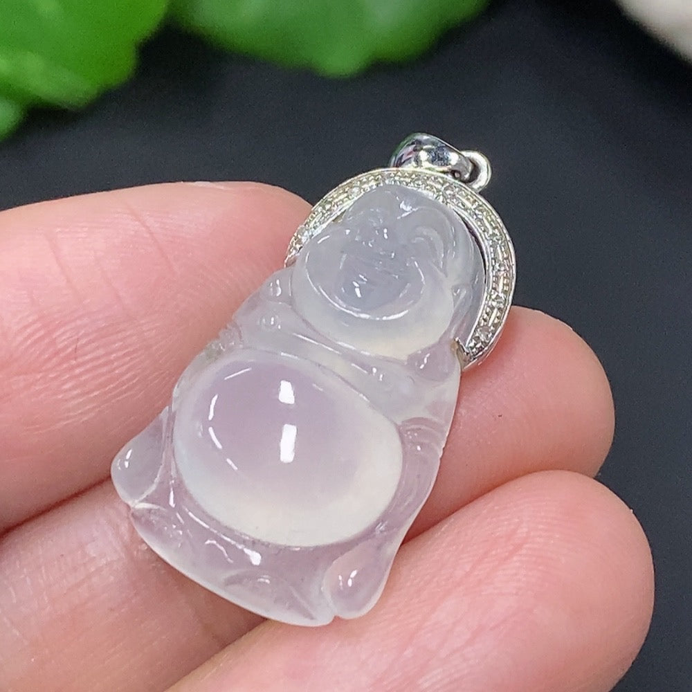Huiliu Jadeite Buddha pendant with diamond accents, intricately inlaid jadeite, showcasing detailed craftsmanship and elegant design.