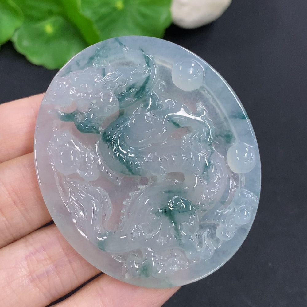 Jadeite dragon pendant necklace from HKHQ, featuring a detailed green jadeite dragon design, weighing 29.8g.