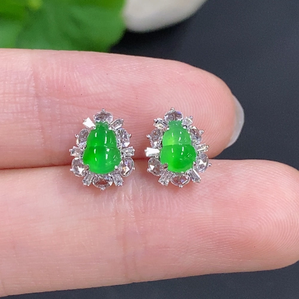 Jadeite Gourd Inlaid Earrings 18k Gold with Diamond Accents