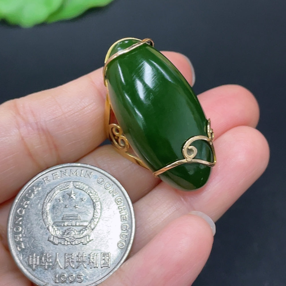 Hetian Jade Cabochon Ring with Tested 75% Gold Setting