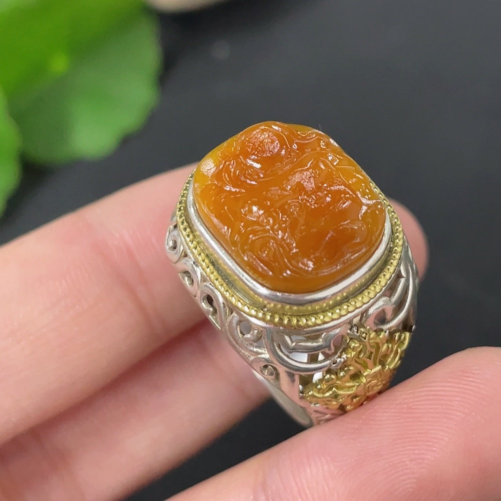 Huiliu Hetian Jade adjustable ring with intricate inlay design, showcasing smooth green jade stone and detailed craftsmanship.