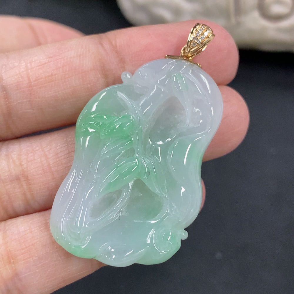 Jadeite Ascending Node Pendant, Total Weight Approx. 12.88g, 18K Gold Clasp, Diamond Accents