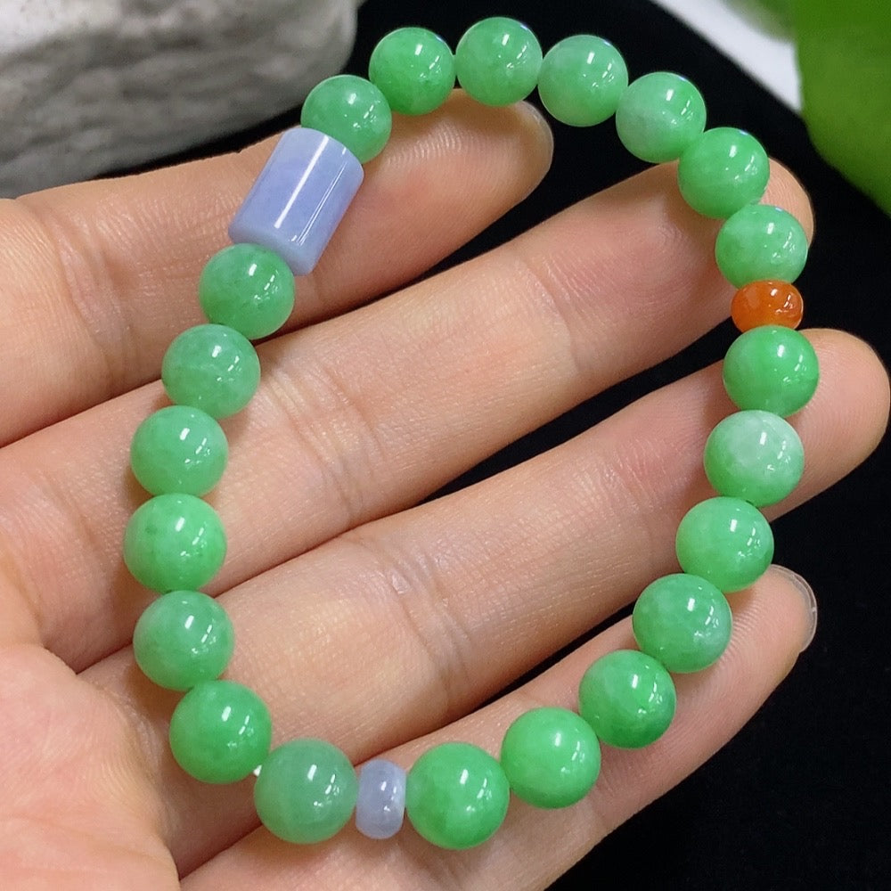 HKHQ jadeite bracelet with red beads, 7.3/5.2mm size, total weight 15.05g, natural jade jewelry with vibrant red accents.