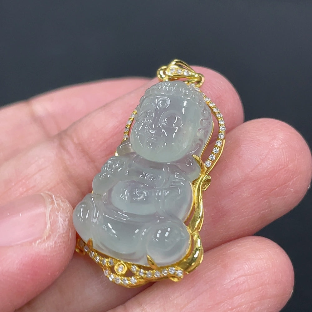 Jadeite Baby Buddha Pendant with 18K Gold and Diamond Accents
