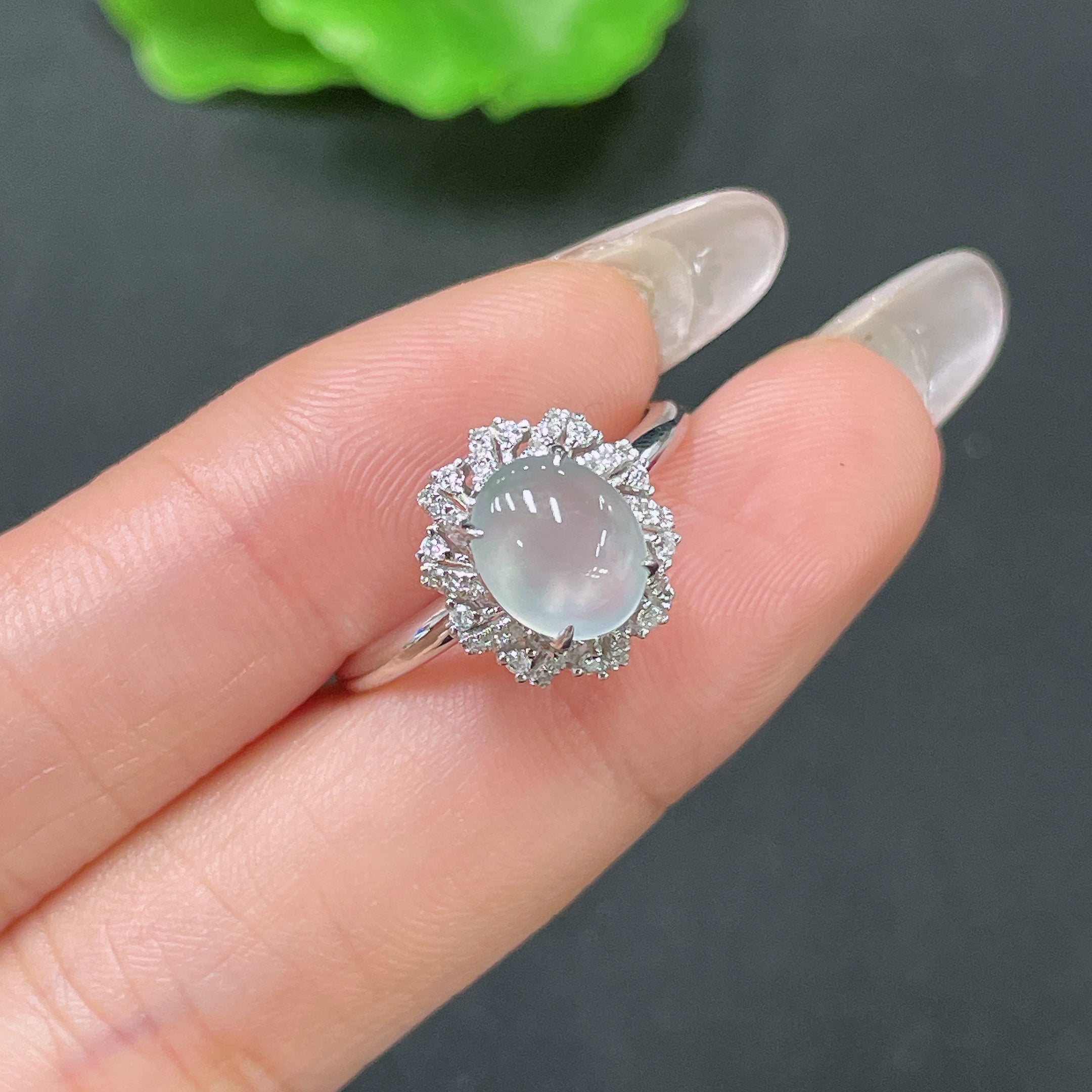 Jadeite ring with 18k gold setting and diamond accents, size 18, from HUILIU HQ, featuring a polished jade gemstone.