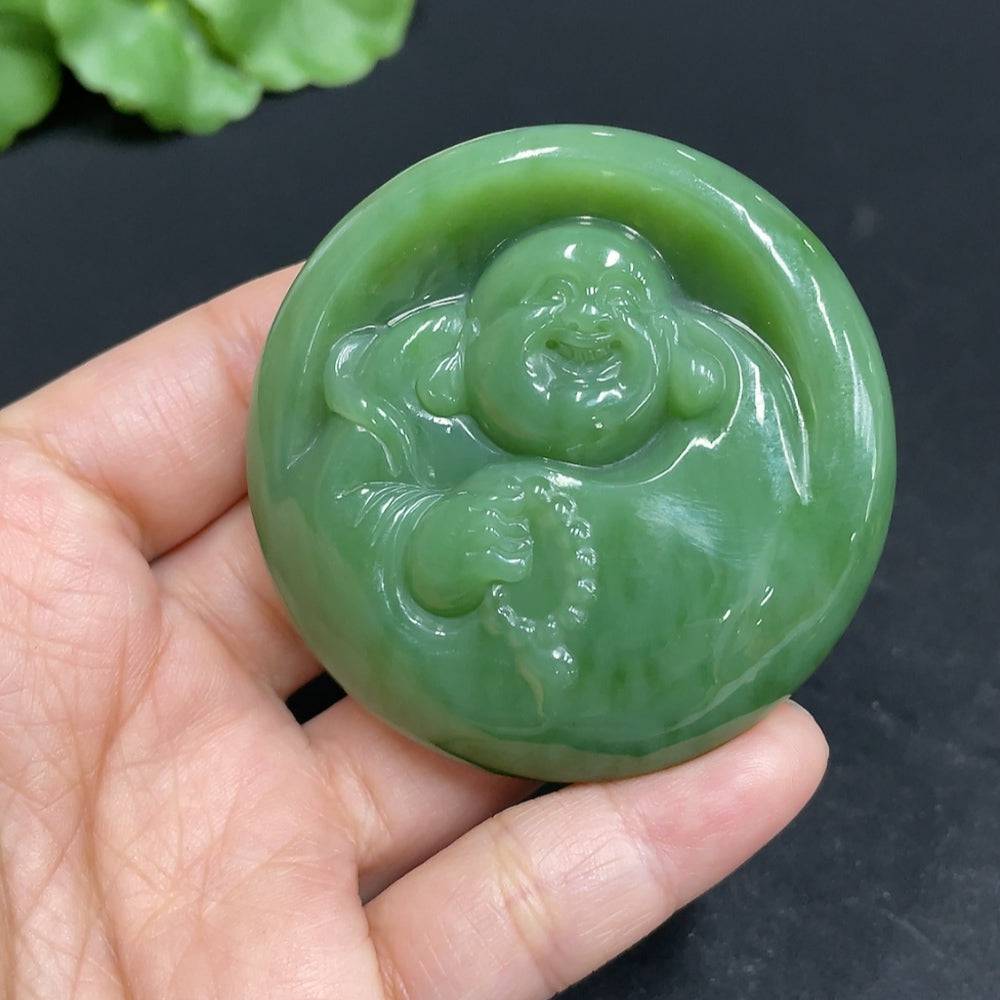Huiliu certified Hetian jade jasper pendant featuring a Buddha design, showcasing smooth, polished green and brown stone details.