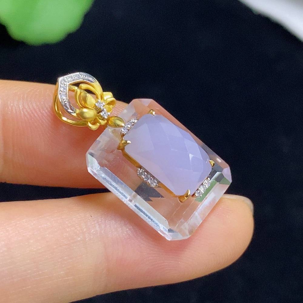 Jadeite pendant with 18k gold and diamond accents, HKHQ jewelry, showing the detailed jade stone and elegant gold setting.