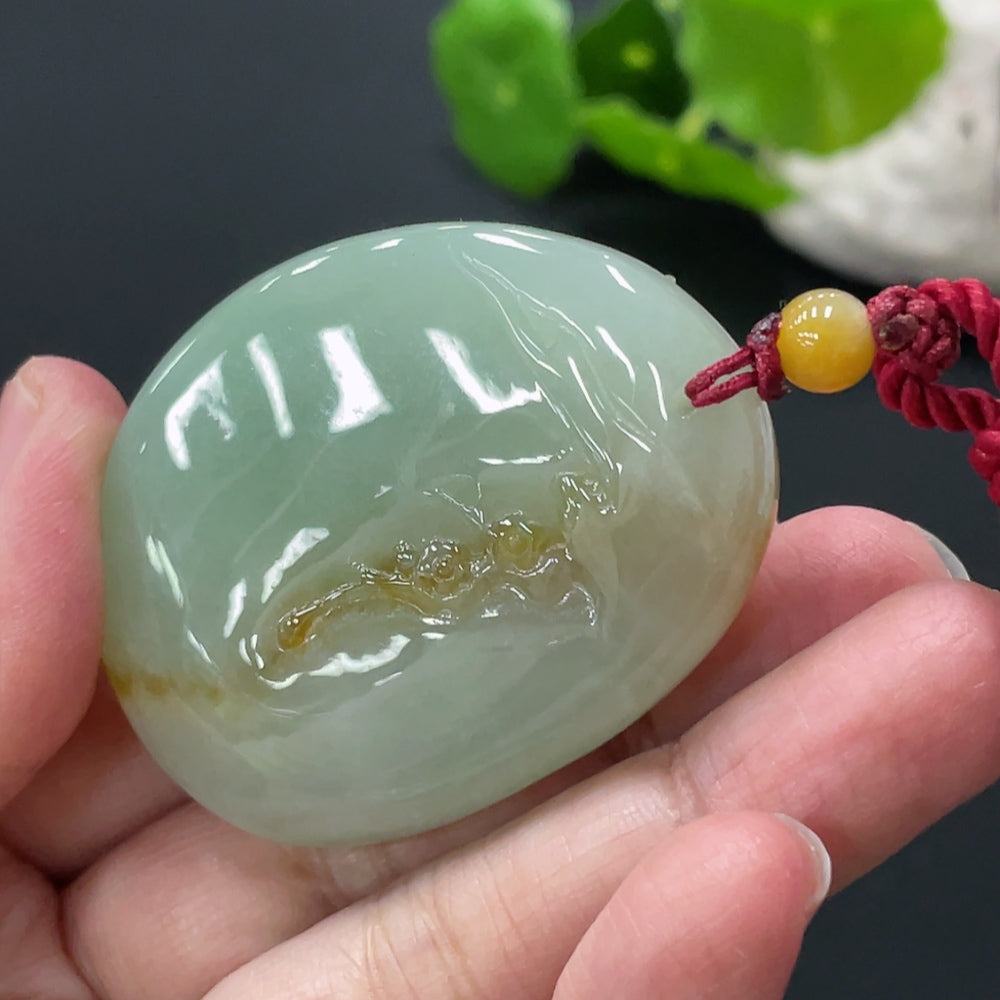 Huiliu Jadeite Deer Pendant featuring a detailed carved jade deer, certified by HUILIU HQ, displayed against a neutral background.